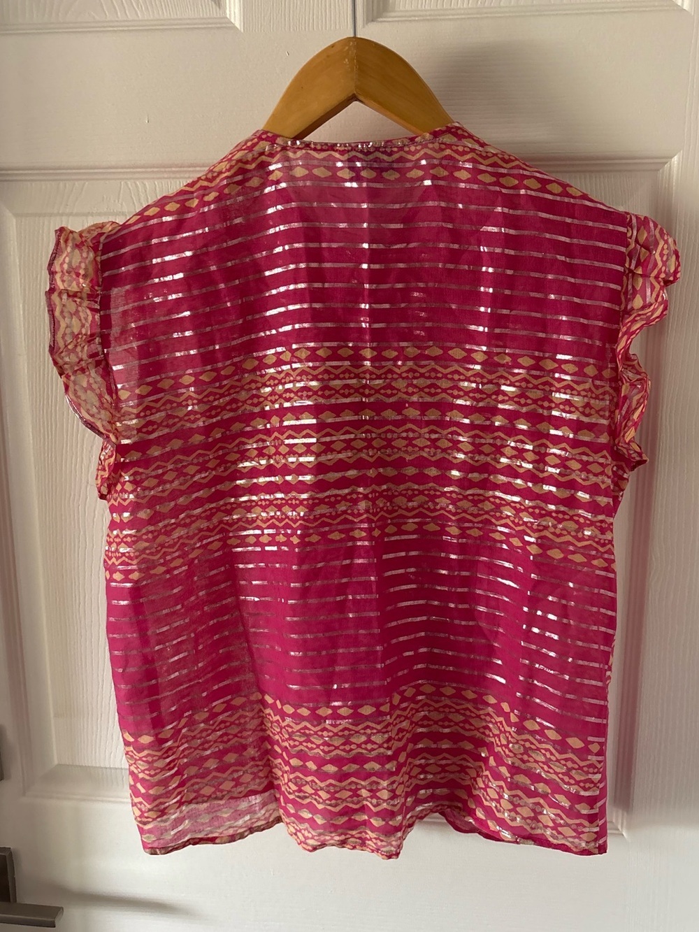 KOCH Palm Top Pink Gold Metallic Stripe Ruffle Flutter Sleeve Blouse Size XS - Picture 3 of 5